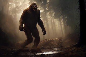 Bigfoot Roaring in a Forest Concept Art