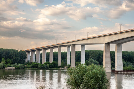Panorama of the Beska bridge, also called beska viadukt or most kod beske, a motorway and highway bridge in Serbia, going over the Danube, linking by road Belgrade to Novi Sad....