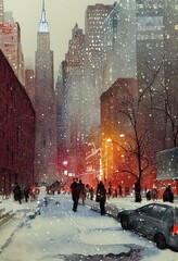 Winter wonderland downtown New York City during the Christmas season. watercolor. Digital, Illustration, Painting, Artwork, Scenery, Backgrounds