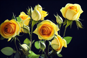 Yellow roses on the garden with cinematic lighting and copy space. 3D illustration