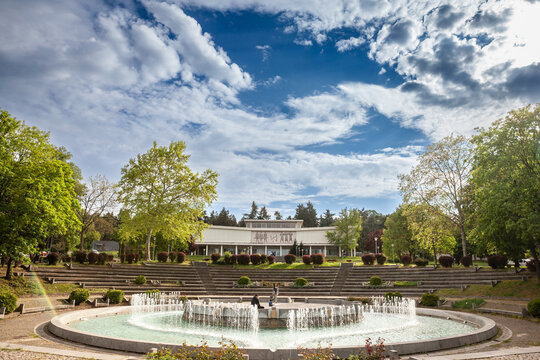 BELGRADE, SERBIA - MAY 1, 2022: Panorama of Muzejski park and Museum of Yugoslav History, or Muzej Jugoslavije, memorial dedicated to Tito and Yugoslavia in Belgrade, Serbia, major communist landmark