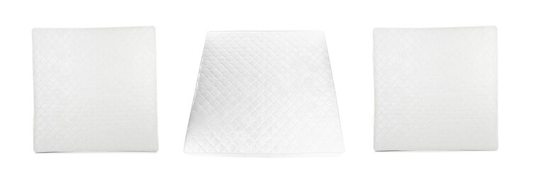 Set with new comfortable mattresses on white background. Banner design