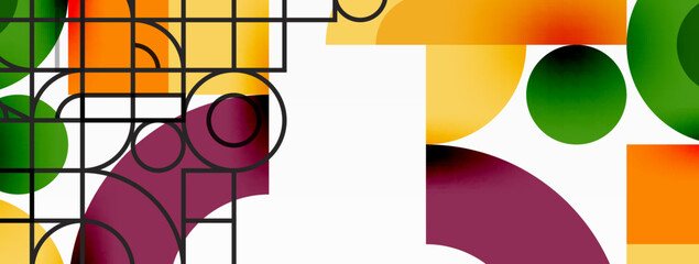 Circle and square geometric background. Round shapes with squares and triangles composition for wallpaper, banner, background or landing