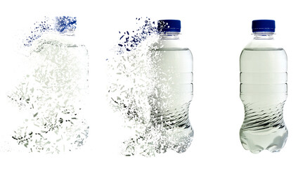 Set with bottles of water vanishing on white background. Decomposition of plastic pollution, banner...