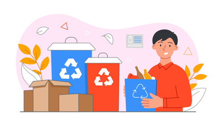 People throw garbage. Man with box stands next to garbage containers. Reducing emission of harmful substances into atmosphere. Caring for ecology and environment. Cartoon flat vector illustration