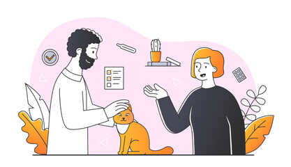 Pet veterinary clinic. Man and woman next to cat. Care and love for animals, medical services. Doctor receives client with medications. Poster or banner for website. Cartoon flat vector illustration