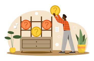 Putting interrogation points. Man puts coins with question mark on shelf. Collecting information for problem solving. FAQ and knowledge. Poster or banner for website. Cartoon flat vector illustration