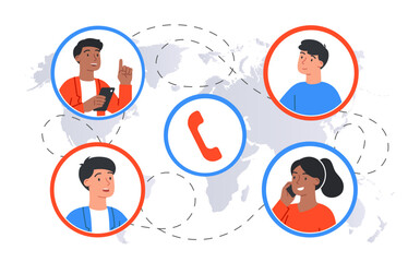Telephone network concept. Avatars of men and women with smartphones in their hands. Modern technologies and digital world. Remote communication and interaction. Cartoon flat vector illustration