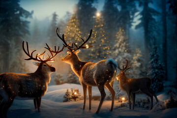 Reindeer in a winter magical forest on the eve of Christmas in vintage style. Christmas and New Year holidays bokeh Background. 3d illustration