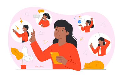 Woman expressing emotions. Young girl in different moods, facial expressions and gestures. Emotional person, reflection. Psychology and mental health concept. Cartoon flat vector illustration