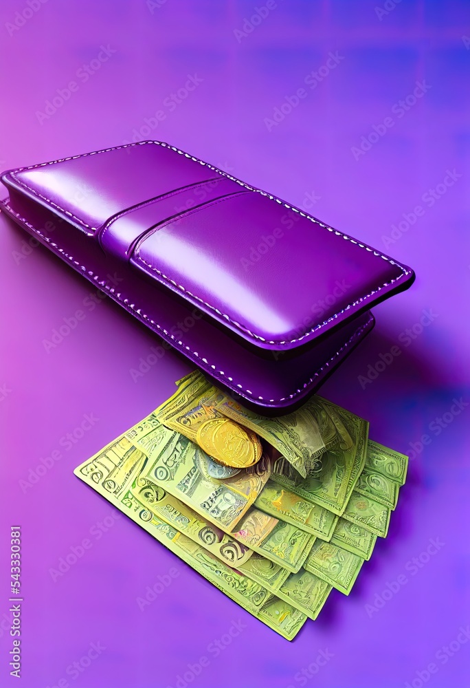 Poster Purple wallet with coins with wings. The concept for business, web sites, online shop, finance, banks. Lost money, money saving concept. 3d render illustration