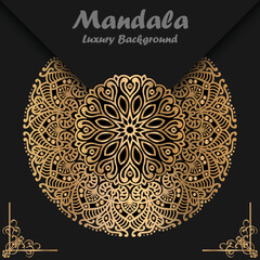 Luxury golden Mandala invitation with black background.