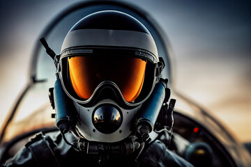Fototapeta premium Pilot in flight. Pilot Wearing Mask And Helmet In Cockpit Of Fighter Jet. 3d illustration 