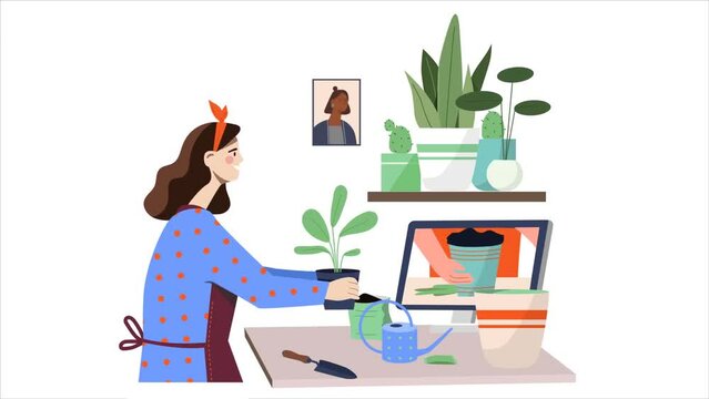 Online education video concept. Young moving female florist watching or listening to remote course or febinar on home gardening and plant care. Knowledge and study. Flat graphic animated cartoon