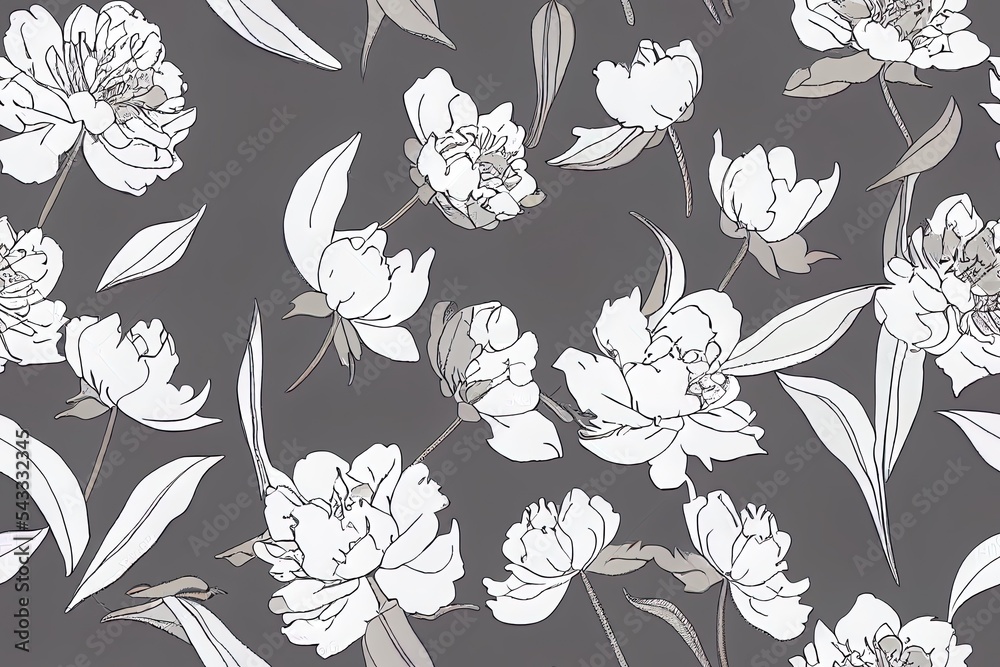 Wall mural Small flowers and leaves beautiful seamless motif pattern illustration. Fabric motif texture repeated. Peony, magnolia, daisy, tulip floral elements colorful. Floral and leaves on grey background. - Wall murals