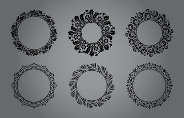 Set of decorative frames Elegant vector element for design in Eastern style, place for text. Floral black and gray borders. Lace illustration for invitations and greeting cards