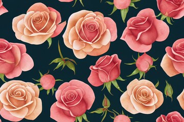 Seamless pattern with watercolor pink red roses isolated on green background.