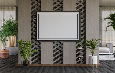 3D mockup blank photo frame in living room rendering