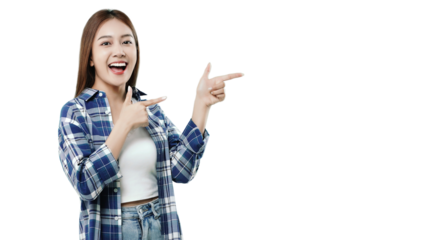 Happy beautiful Asian girl pointing fingers and smiling. PNG file format transparent background.