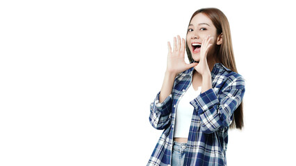 Happy beautiful Asian girl shouting and smiling. PNG file format transparent background.