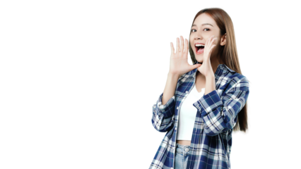 Happy beautiful Asian girl shouting and smiling. PNG file format transparent background.
