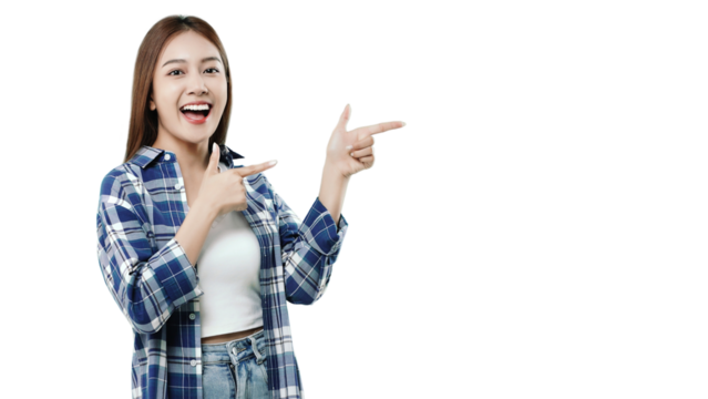 Happy beautiful Asian girl pointing fingers and smiling. PNG file format transparent background.