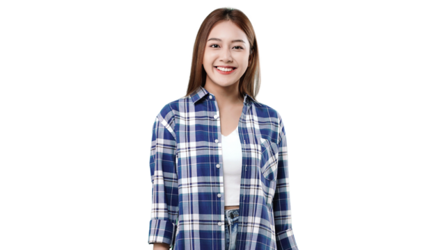 Happy beautiful Asian girl looking at camera and smiling. PNG file format transparent background.