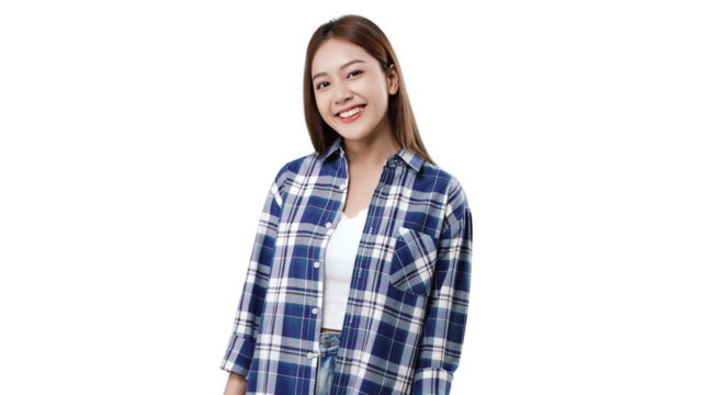 Happy beautiful Asian girl looking at camera and smiling. PNG file format transparent background.