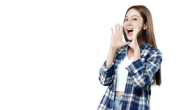 Happy beautiful Asian girl shouting and smiling. PNG file format transparent background.