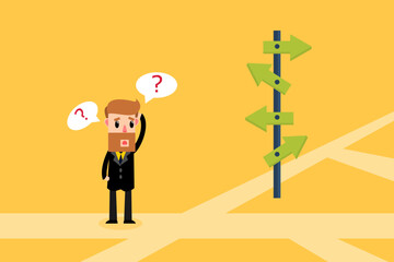 Businessman standing at crossway confused with direction signs. Vector illustration © Apirak