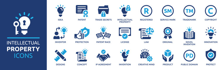 Intellectual property icon set. Containing copyright, trademark, registered, service mark, business idea, patent symbols and more. Business concept icon collection. Vector illustration. - obrazy, fototapety, plakaty