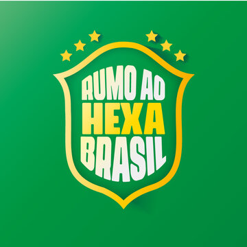 Vetor de Rumo ao hexa com escudo representando futebol com cores da bandeira do Brasil para torcida de Copa do Mundo