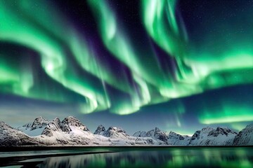 Aurora borealis. Lofoten islands, Norway. Aurora. Green northern lights. Starry sky with polar lights. Night winter landscape with aurora, sea with sky reflection and snowy mountains.Nature background