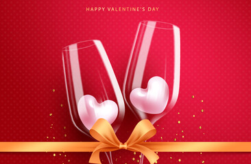 Valentine's wine glass vector design. Happy valentine's day greeting text with champagne glass for couple date elements decoration background. Vector Illustration.