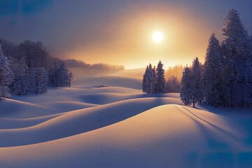 Winter sunrise on beauty snow landscape