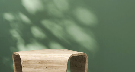 Wood geometry design side table with green tropical plant leaf and beautiful sun light and shadow...