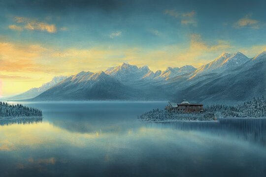 Winter mountain lake panorama. Boat house on mountain lake