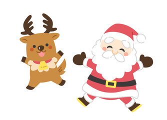ジャンプするサンタクロースとトナカイのイラスト／線画なし