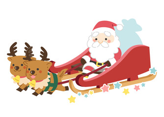 そりに乗っているサンタクロースとトナカイのイラスト／線画なし