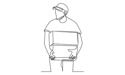 Continuous line of delivery man standing with carton box packages
