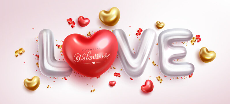 Love balloons valentine's vector design. Will you be my valentine's text in heart red balloon and 3d inflatable object  for background decoration. Vector Illustration.
