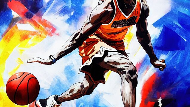 Colorful AI-generated illustration of a bouncing basketball player