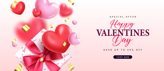 Fototapeta na wymiar Happy Valentine's day sale vector banner design. Valentine's day promo discount offer for holiday promotion advertisement background. Vector Illustration. 