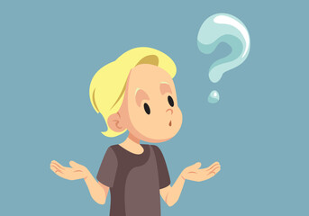 Little Toddler Having Questions about Life Vector Cartoon Illustration. Funny kid trying to find answers to expand his knowledge 
