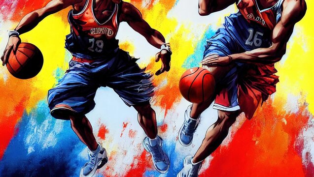 Colorful AI-generated illustration of two basketball players bouncing