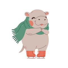 Cute hippo ice skating isolated. Sport and leisure concept illustration