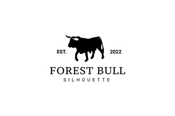 Angus Cow Cattle Buffalo Bull Silhouette At Pine Fir Conifer Evergreen Tree Forest Logo Design
