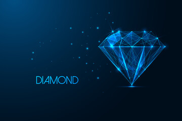Futuristic glowing diamond symbol isolated on blue background. Luxury, value concept.