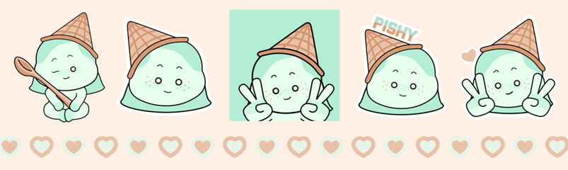 pistachio ice cream cute cartoon character vector ai green and blue hearts summer