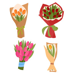 Collection of tulips bouquet vector illustrations. Set of isolated flowers